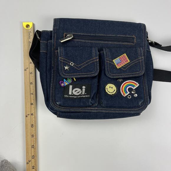LEI Jeans Denim Crossbody Bag Blue American Flag Smiley Love Patches Y2K - Picture 7 of 14